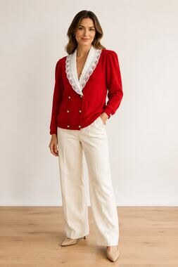 1980s Nilani Red Double-Breasted Cardigan with White Lace Shawl Collar Size L